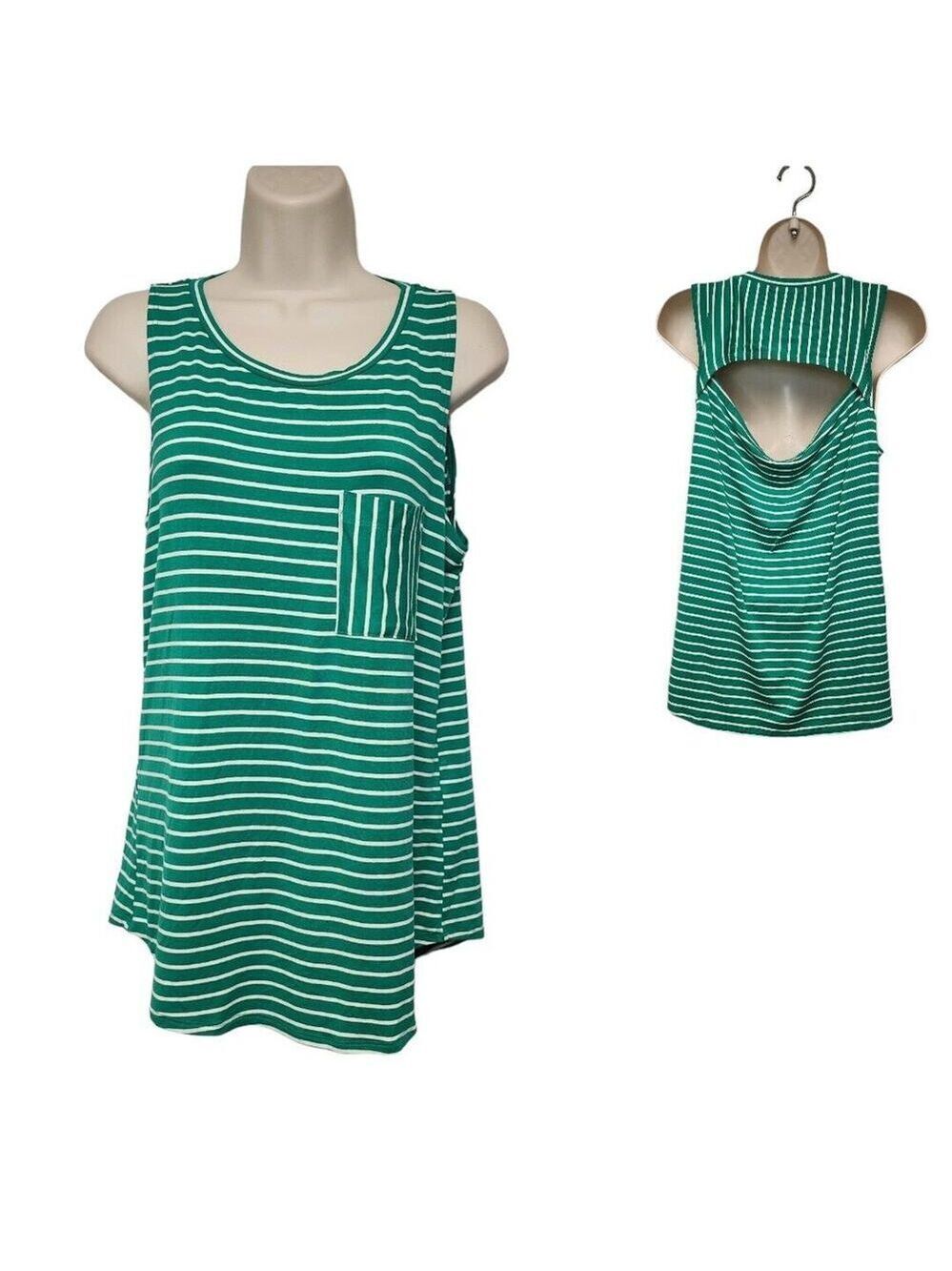 White Birch Womens Green/White Stripes Sleeveless Top Open Back Size Small